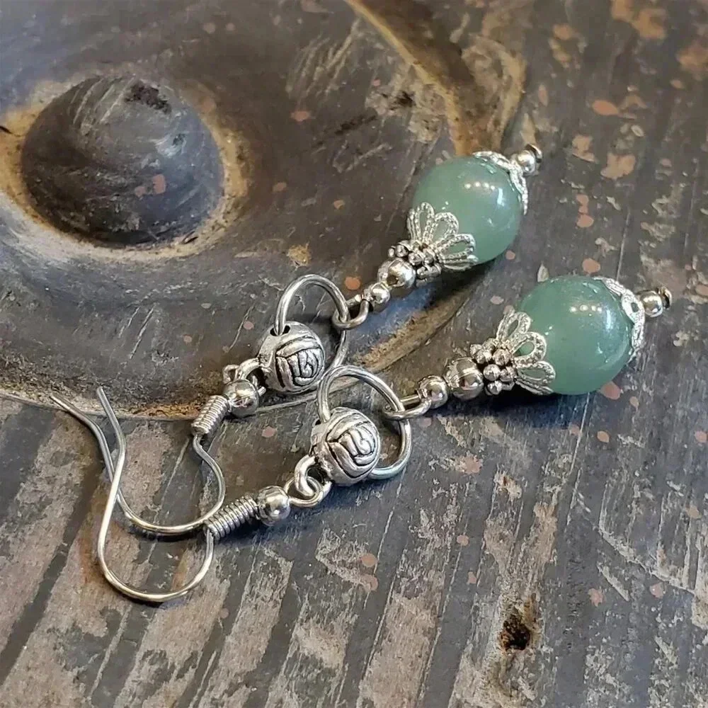Green Malaysian Jade Gemstone Lacy Trim Silver Carved Rose Handcrafted Earrings